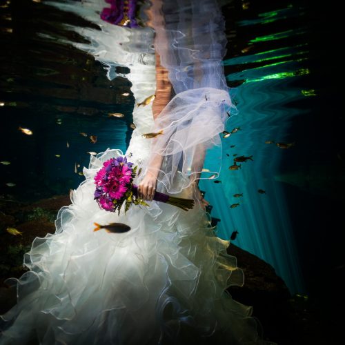 half bride dress and bouquet for underwater trash the dress in Mayan Cenote, Riviera Maya