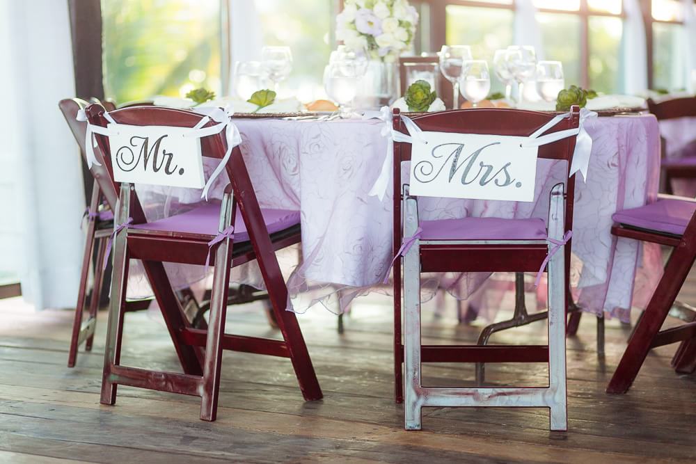 Mr and Mrs chairs at wedding