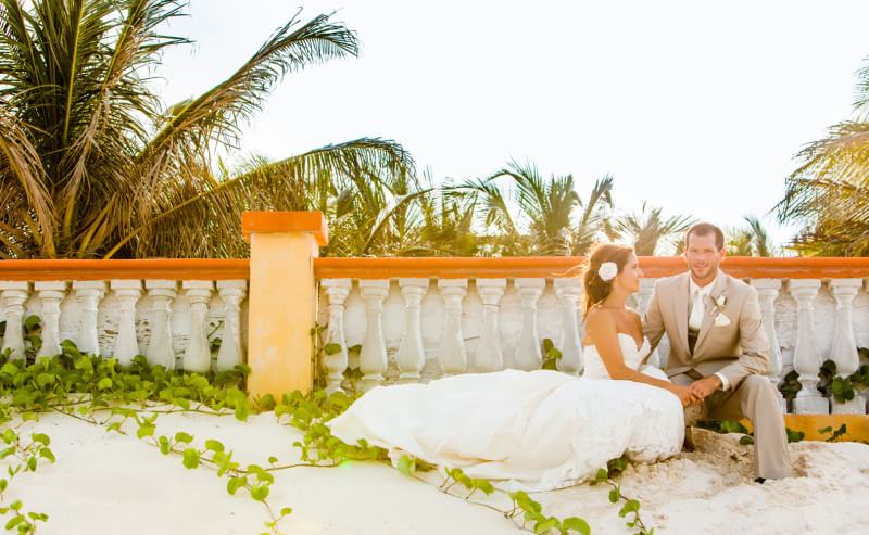 Bride and groom on beach in Riviera Maya, Mexico