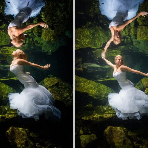 Bride swimming in underwater tras the dress in Mayan Cenote at Riviera Maya