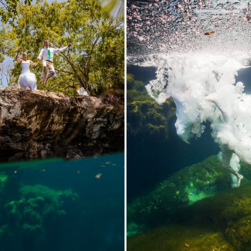 Bride and Groom jumping off a cliff in trash the dress photo shoot in Mayan Cenote at Riviera Maya