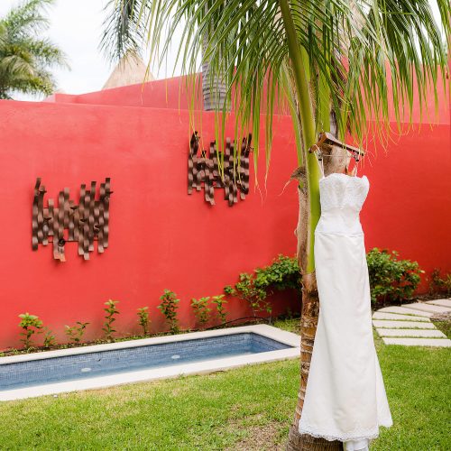 Brides dress hanging at Iberostar Grand Hotel Paraiso