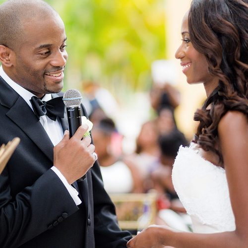 Bride and groom at wedding ceremony in Mexico