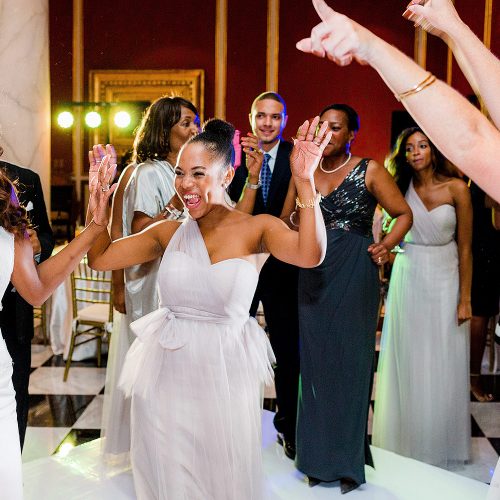 bridal party and guests dancing at wedding