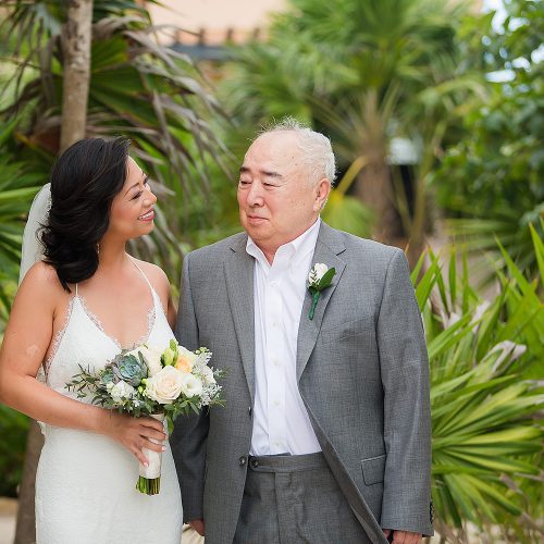 Bride and father before wedding ceremony in Tulum