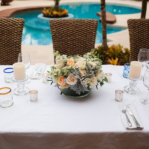 flowers at wedding reception in Tulum