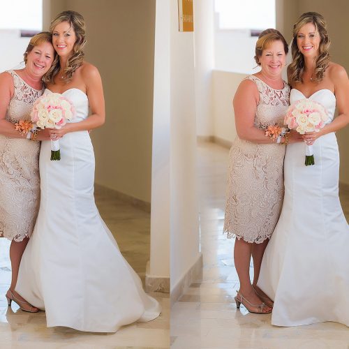Two portraits of mother and bride in hallway at NOW Jade Riviera Cancun before wedding