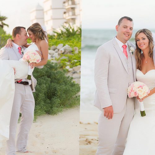 Bride and groom on beach after wedding at NOW Jade Riviera Cancun