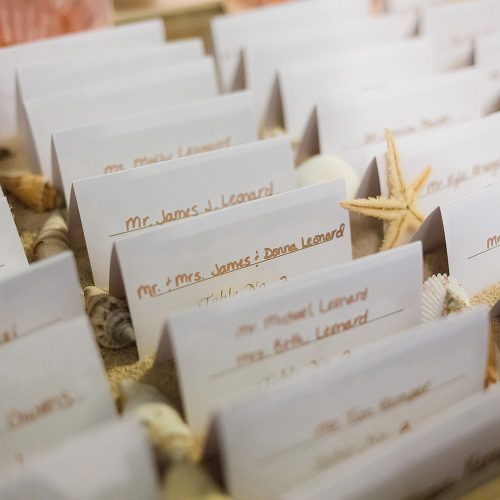 Close up of escort cards at wedding