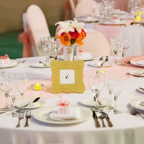 Close up of table at wedding reception.
