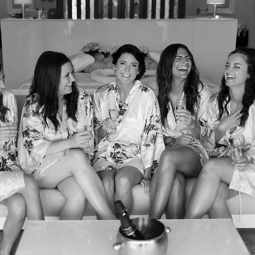 black and white picture of bridesmaids before the wedding at Playa del Carmen