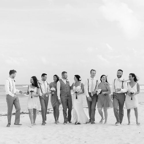 Black and white bridal party on beachwedding photography at Playa del Carmen
