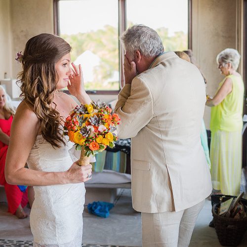 Bride and Father emotional after meeting before wedding ceremony