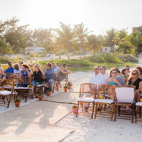 Wedding reception with guests in Tulum on beach