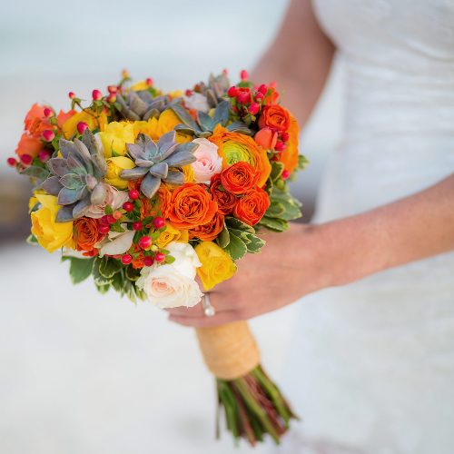 Close up of bridal bouquet at wedding.