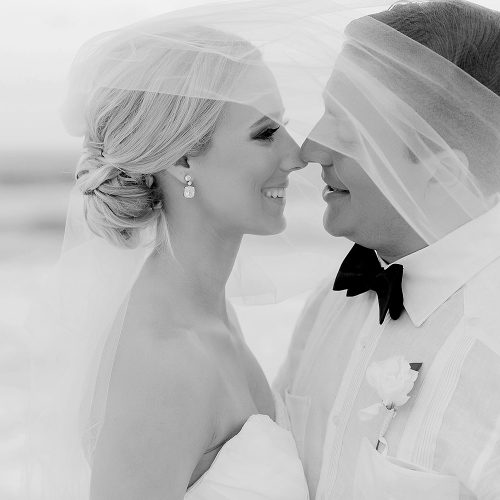 Couple closeup under veil at Hard Rock Cancun beach wedding