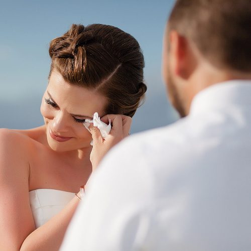 Bride crying during ceremony at Azul Fives Hotel, Riviera Maya