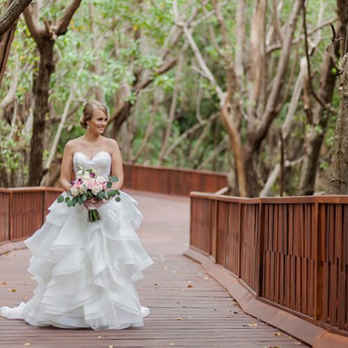 Portrait of bride on walkway at Azul Fives Hotel, Riviera Maya