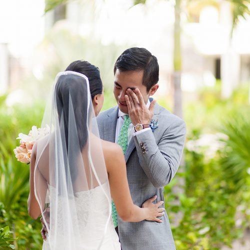 Groom crying as he see's bride for first time at Finest Playa Mujeres Resort, cancun