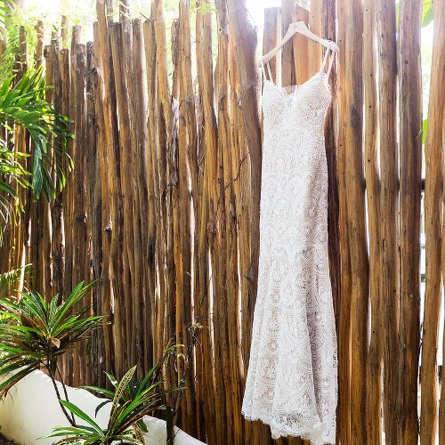 Dress hanging in Tulum before wedding