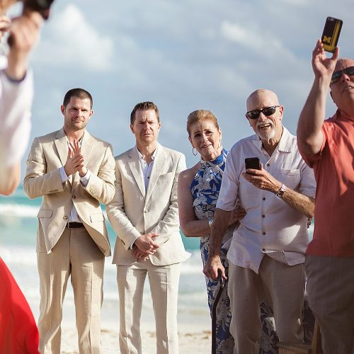 Grooms waiting for bride at wedding in Tulum
