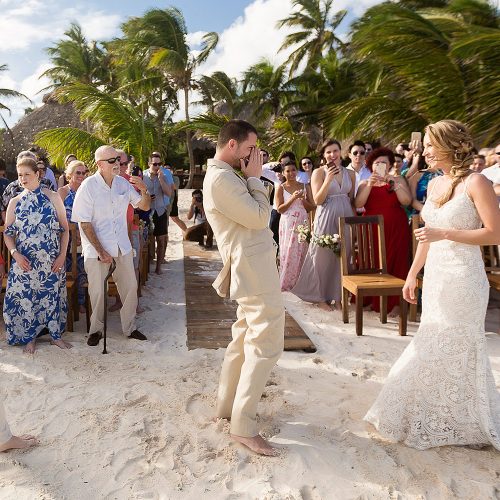 Groom excited to see bride at Akiin wedding in Tulum