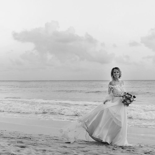 Portrait of bride on beach after wedding in Cancun