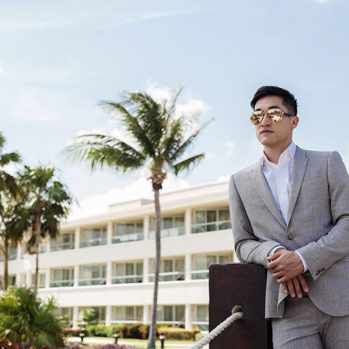 Portrait of groom before wedding at Moon Palace Cancun