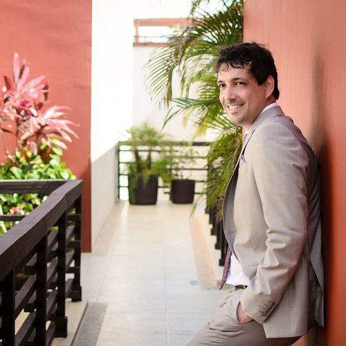 Portrait of groom at wedding in Riviera Maya