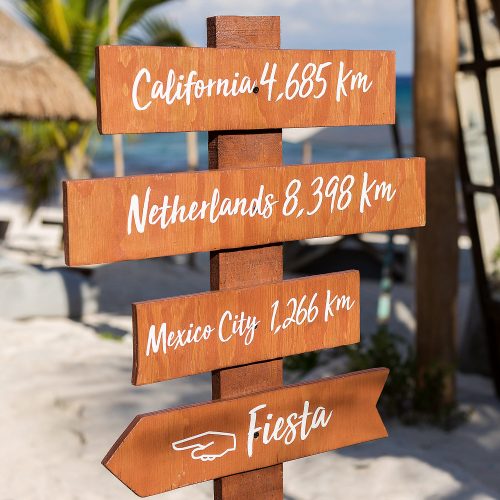 Sign to Netherlands and Mexico city on beach