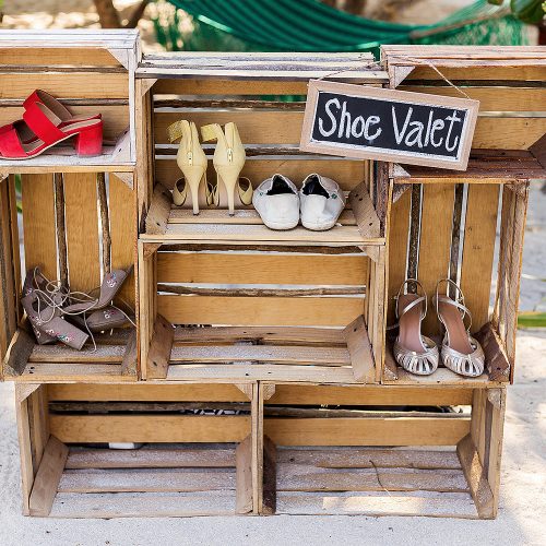 Shoe caddy at beach wedding at Punta Venado, Riviera Maya Mexico