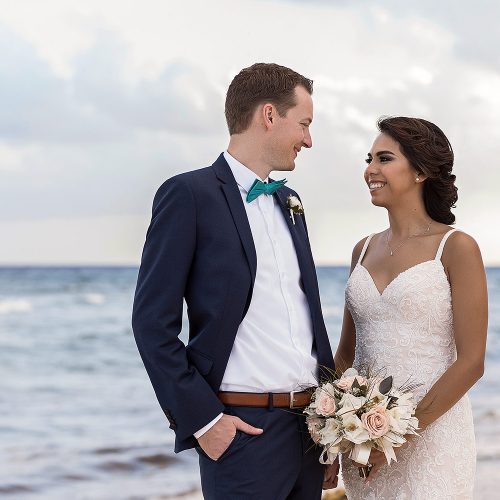 Bride and groom on beach at Punta Venado, Riviera Maya Mexico