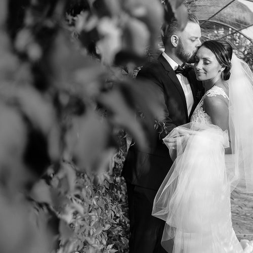 Groom kissing bride on forehead in garden at Azul Fives Riviera Maya