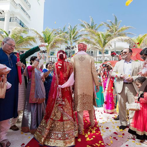 Bride and groom after Indian wedding ceremony in Cancun