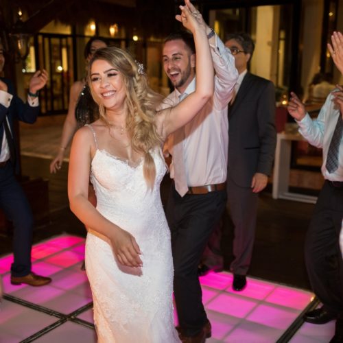 Bride and groom dancing with guests on tequila terrace, Bride in gardens at NOW Sapphire Riviera Maya Resort