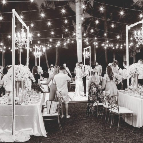 Bride and grooms first dance in black and white at iberostar paraiso beach resort