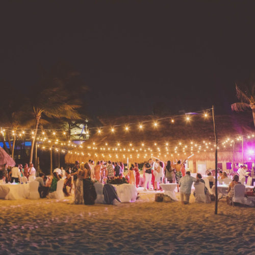Wide angle photograph of wedding reception at Finest Playa Mujeres