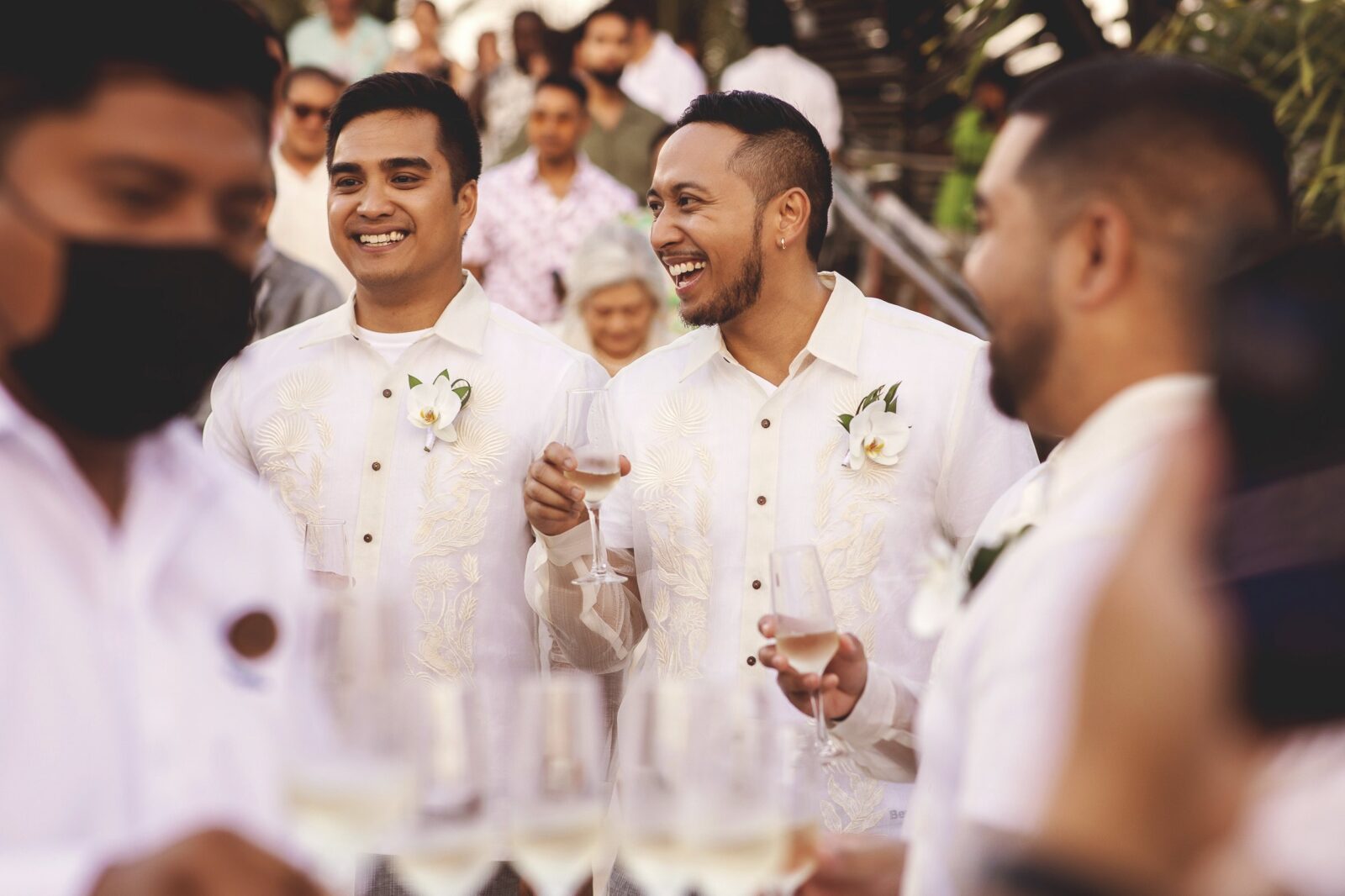 Groomsmen wearing whilte cotton shirts at a wedding in Cancun and the Riviera Maya. 